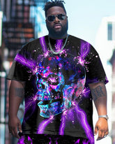 Men's Plus Size Street Fashion Electric Shock Spark Skull Print T-Shirt Shorts Set